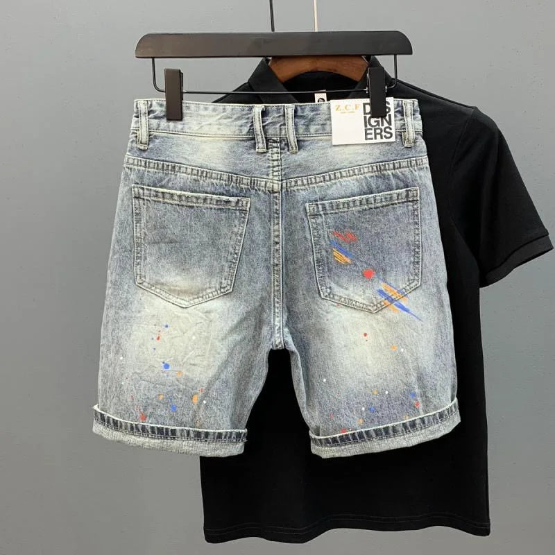 Summer Fashionable and Trendy Printed Perforated Straight Leg Elastic Denim Shorts For Men's Casual Loose Sports Plus Size Short